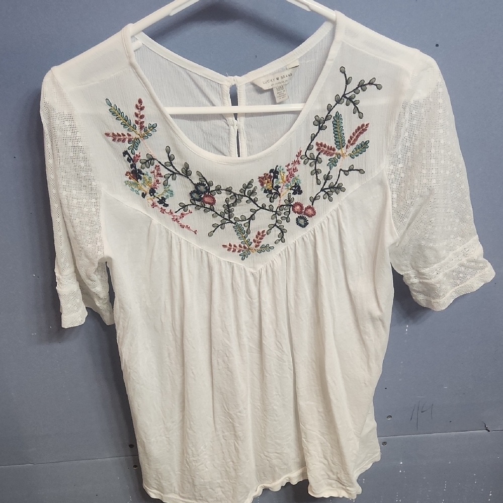 Lucky Brand Cream Embellished Blouse with Bib Collar